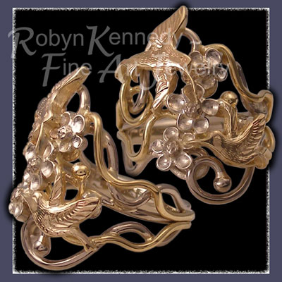 18 Karat White and Yellow Gold 'Bella' Ring Featuring Flowers and Hummingbirds