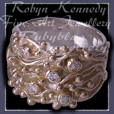 Gold Wire, Old Mine Cut Bezel Set Diamonds and Gold Ball Caviar 'Pure Joy' Ring Image
