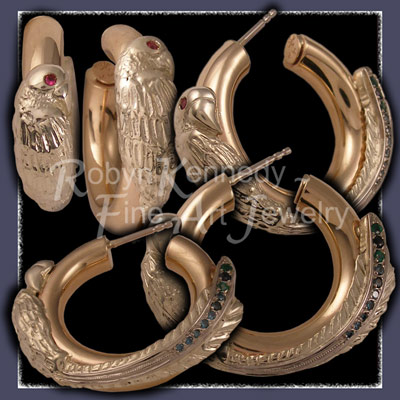 14 Karat Yellow, 14 Karat Green and 18 Karat Palladium White Gold set with Emeralds, Blue Diamonds, Ruby and Sapphire Parrot Hoop Earring Image