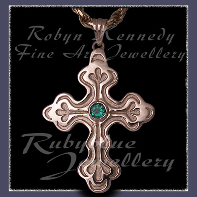 18 Karat Yellow Gold and Rainforest Green Topaz 'Trinity Cross' Pendant Image