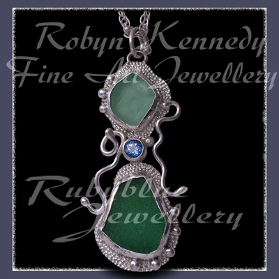 Sterling Silver, Great Lakes Beach Glass and Teal Topaz 'Beachglass' Pendant 10 Image