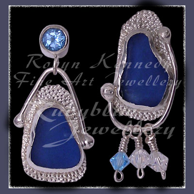 Sterling Silver, Genuine Great Lakes Beach Glass,  Swiss Blue Topaz and Swarovski Crystal  Earrings Image