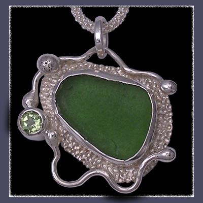 Sterling Silver, Great Lakes Beach Glass and Peridot 'Beachglass' Pendant 21 Image