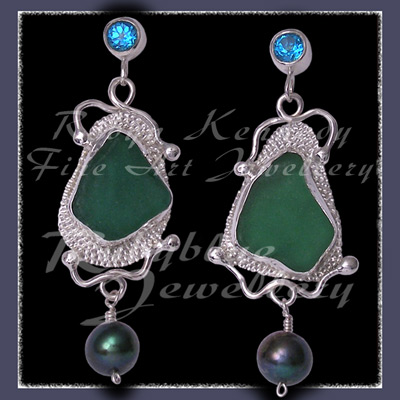 Sterling Silver, Genuine Great Lakes Beach Glass,  Earrings Image