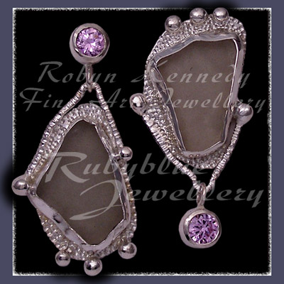 Sterling Silver, Genuine Great Lakes Beach Glass and Lavendar Cubic Zirconia Earrings Image