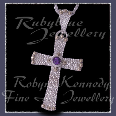 10 Karat Yellow Gold, Sterling Silver and AA Amethyst 'Divine' Cross Pendant Image