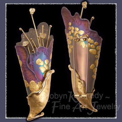 24 Karat Gold Leaf, 18 Karat Yellow Gold, Diamonds and Niobium, One-of-a-Kind 'Electric Lily' Brooch Image