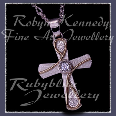 14 Karat Yellow Gold, Sterling Silver and White Topaz 'Eternity' Cross Image