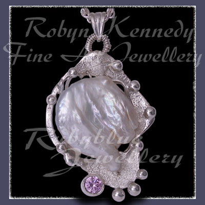 Sterling Silver, Lavendar Swarovski Cubic Zirconia and Pearl 'Phoenx' Pendant Image
