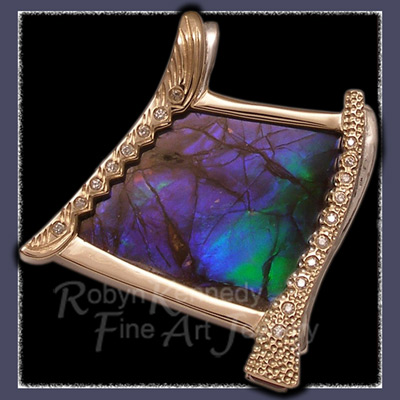 Stunning Genuine Freeform Ammolite, Amethyst & Diamond 10 Karat Gold Pendant