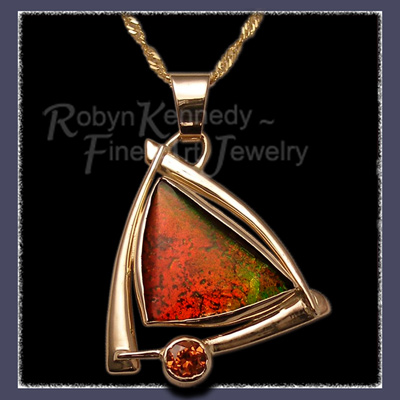 14 Karat Yellow Gold, Ammolite and Mandarin Garnet, One-of-a-kind 'Spicee'Pendant Image